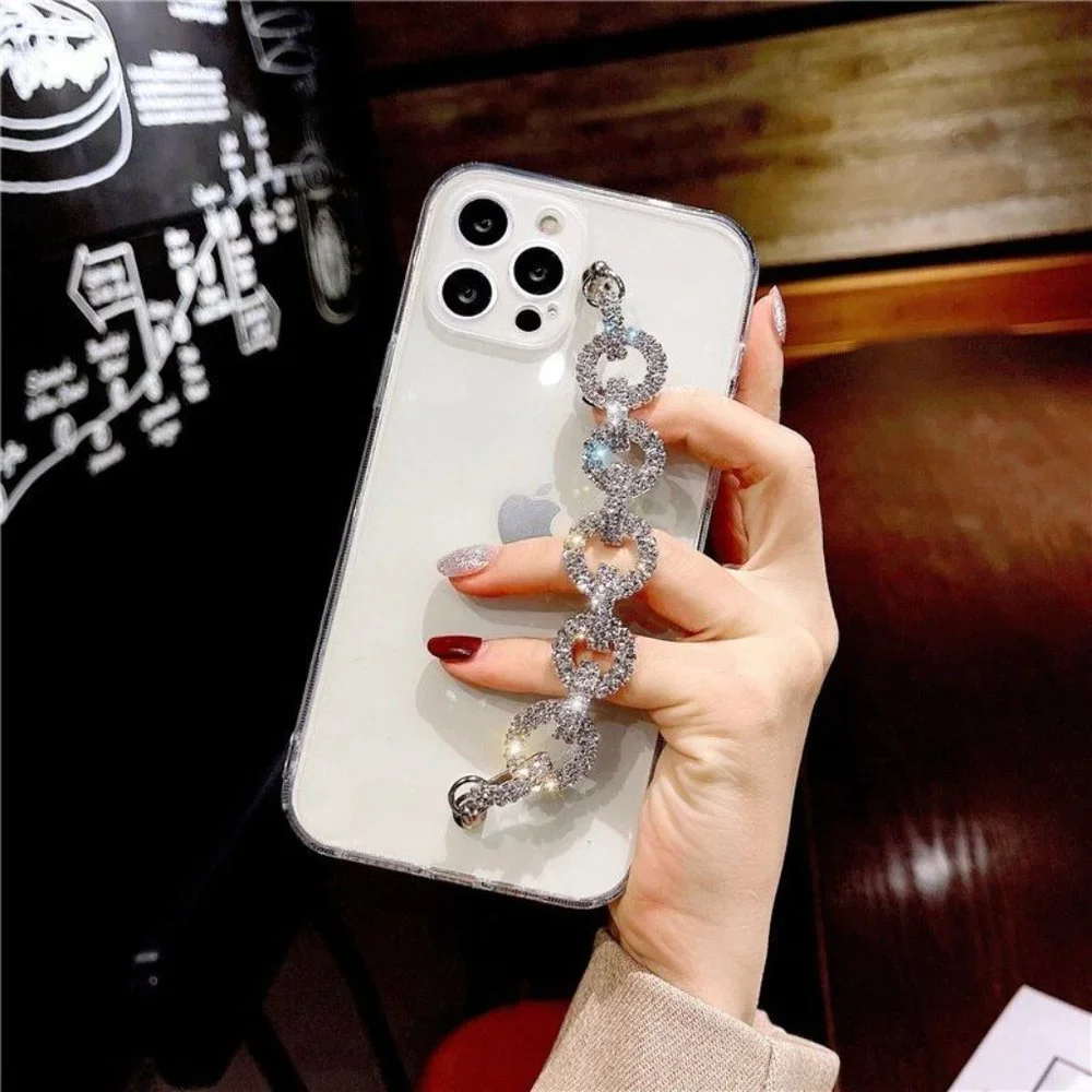Fashion Luxury Clear Diamond Chain Wristband Antifall Soft Case IPhone 14 MaxPro
